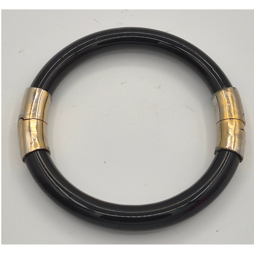 Vintage Bangle Bracelet Black Gold Tone Hinge Clasp Retro Jewelry